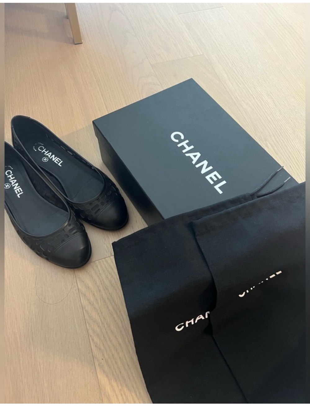CHANEL Black Perforated Cap-Toe Leather Ballet Flats - Picture 3 of 10
